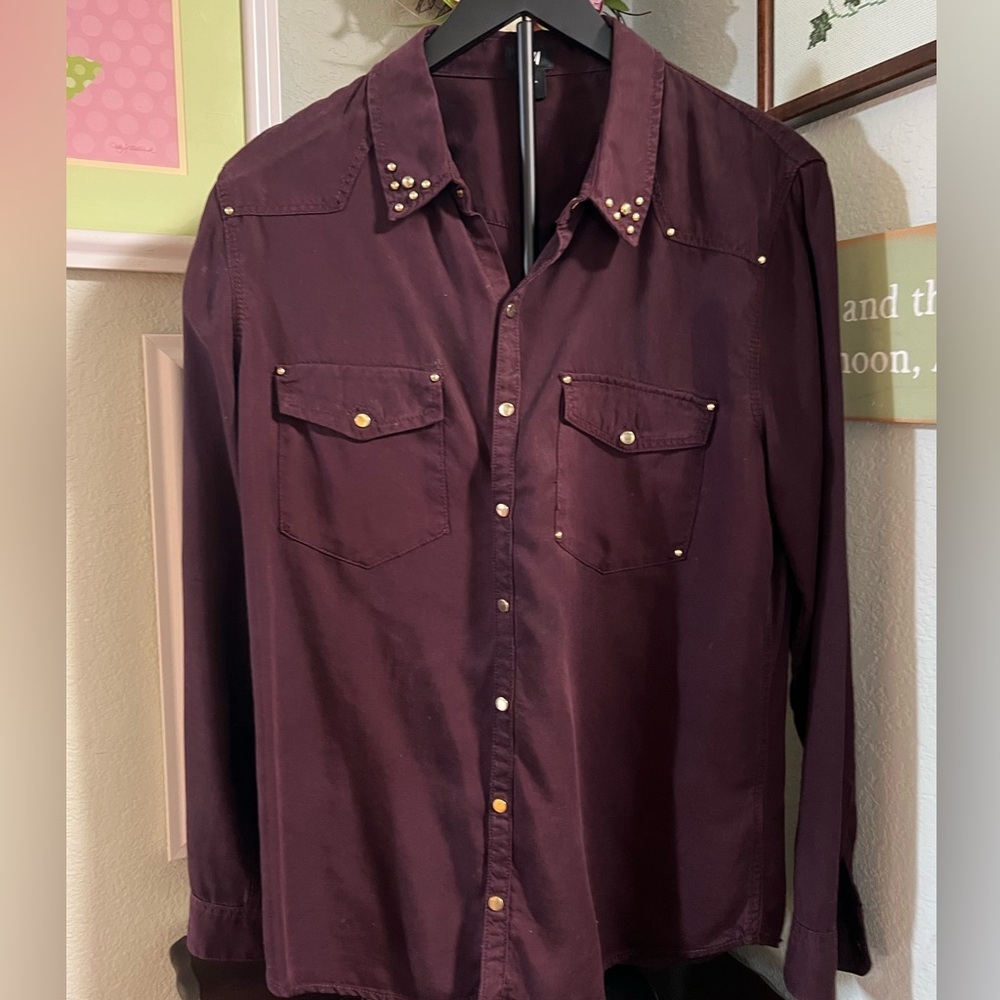 H&M Women's Dark Purple Studded Snap Button-Down Shirt Size 10 #018